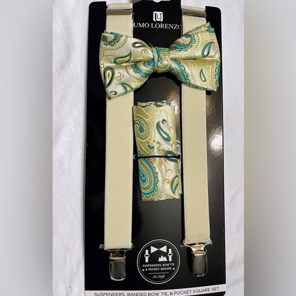 Men's Paisley Suspenders and Self-Tied Bow Tie with Pocket Square Hanky Set